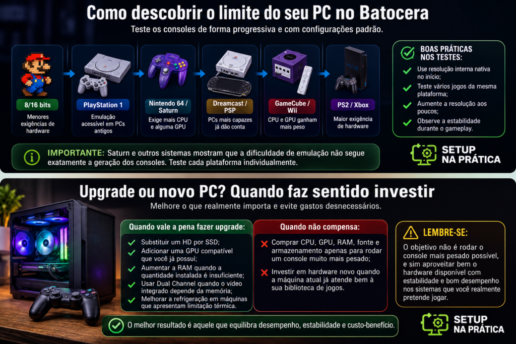 Infográfico mostrando uma sequência de testes de consoles no Batocera, dos sistemas 8 e 16 bits até PS2 e Xbox