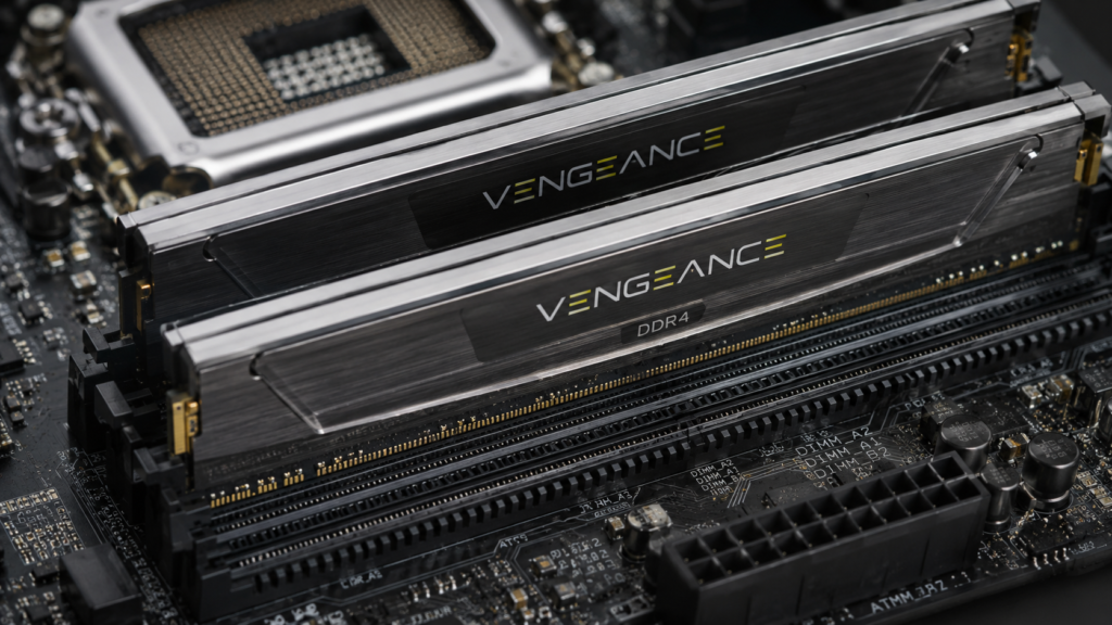 Dois módulos de memória RAM DDR4 instalados nos slots 2 e 4 de uma placa-mãe para configuração Dual Channel e melhor desempenho.