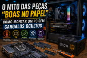 Componentes de um PC gamer mostrando gargalos ocultos de desempenho em memória RAM, VRM, PCIe, fonte e refrigeração.