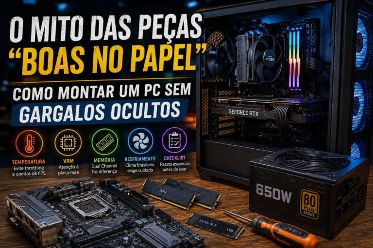 Componentes de um PC gamer mostrando gargalos ocultos de desempenho em memória RAM, VRM, PCIe, fonte e refrigeração.