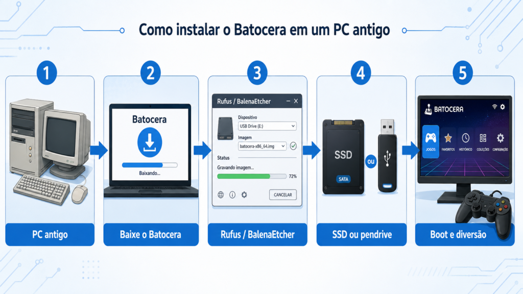 Passo a passo para instalar Batocera em PC antigo usando Rufus ou BalenaEtcher em SSD ou pendrive