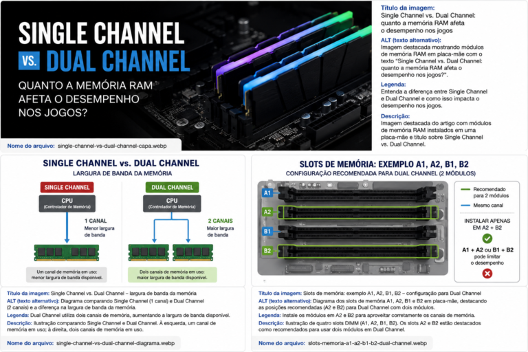 Memória RAM em Single Channel vs Dual Channel instalada em placa-mãe para comparar desempenho em jogos.