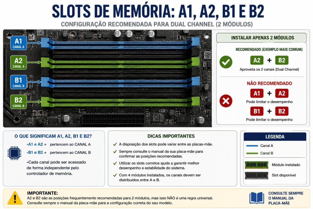 Diagrama de quatro slots de memória A1, A2, B1 e B2 com A2 e B2 destacados como exemplo de instalação de dois módulos.