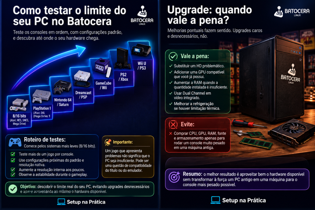 Infográfico comparando upgrades úteis e gastos desnecessários em um PC antigo usado com Batocera