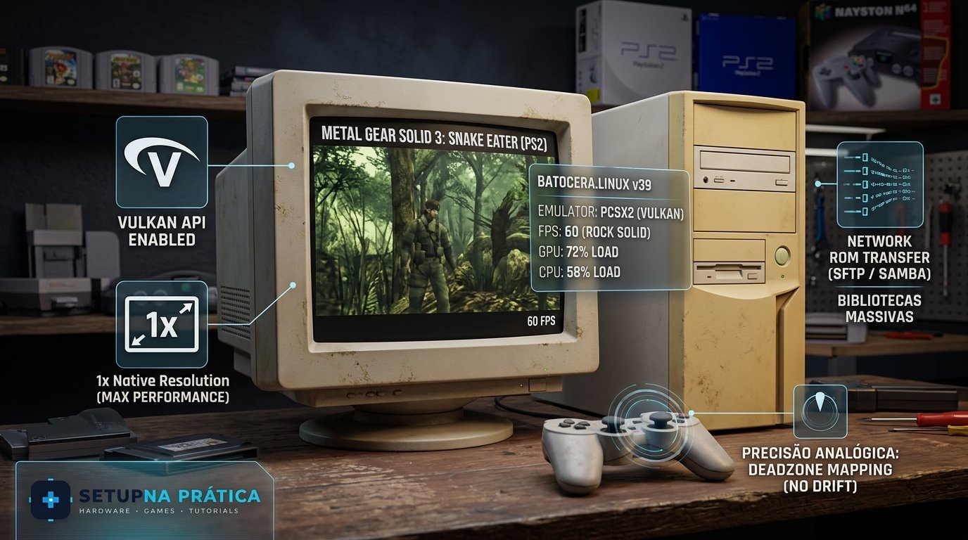 Interface do Batocera em um PC antigo otimizado para melhorar desempenho e usabilidade em games retrô.