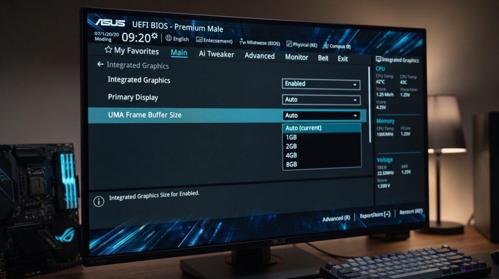 BIOS da placa-mãe mostrando a configuração UMA Frame Buffer Size para ajustar a memória reservada aos gráficos integrados.