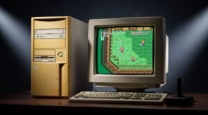 Computador de mesa antigo de cor bege ao lado de um monitor de tubo (CRT) exibindo um jogo de videogame retrô em 16 bits, com um joystick clássico sobre a mesa de madeira, sob iluminação dramática de estúdio.