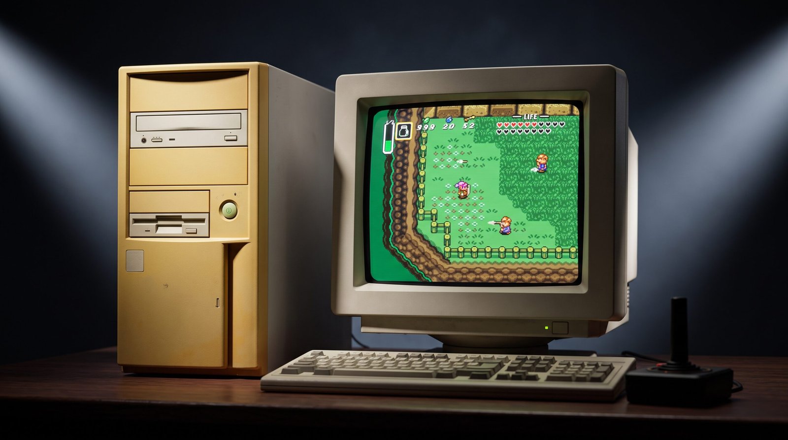 Computador de mesa antigo de cor bege ao lado de um monitor de tubo (CRT) exibindo um jogo de videogame retrô em 16 bits, com um joystick clássico sobre a mesa de madeira, sob iluminação dramática de estúdio.