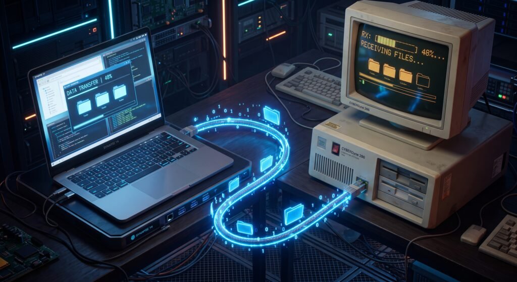 Ilustração 3D mostrando um notebook moderno conectado por um cabo de rede luminoso a um computador de mesa antigo, representando a transferência rápida de ROMs e arquivos ISO via rede local para o Batocera Linux.