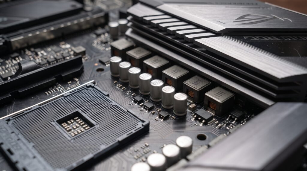 Close-up de uma placa-mãe mostrando o soquete do processador, capacitores e módulos VRM responsáveis pela alimentação da CPU.