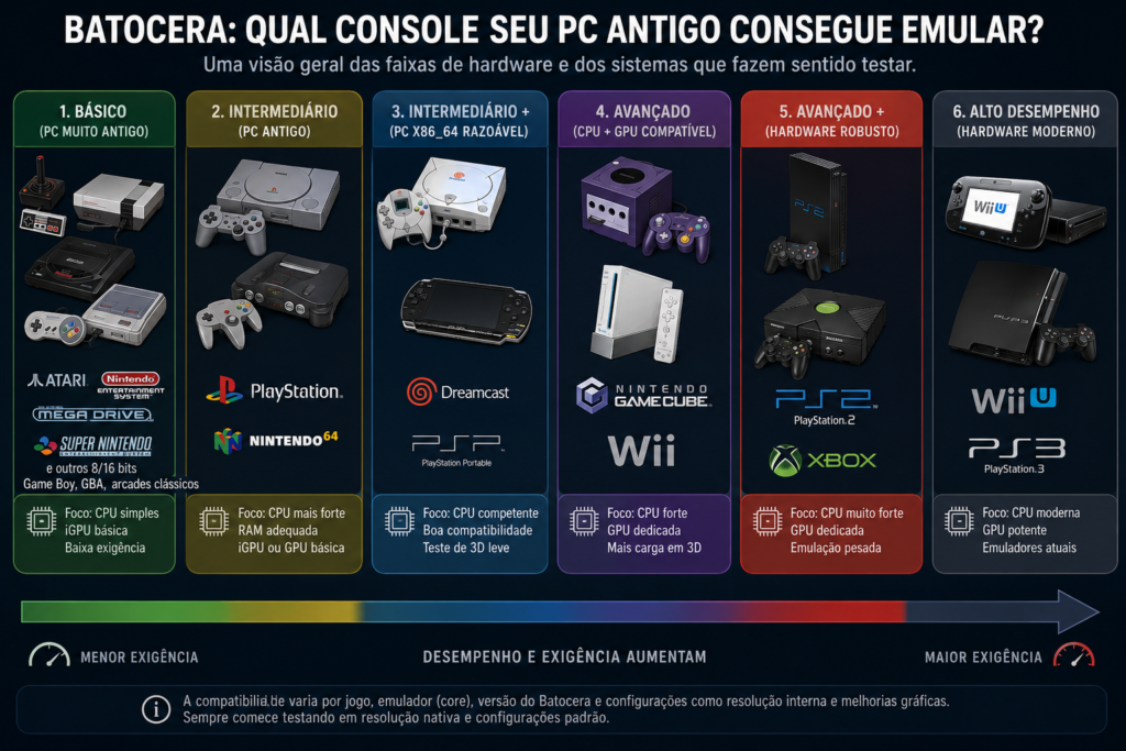 Infográfico com níveis de hardware e consoles que podem ser testados no Batocera