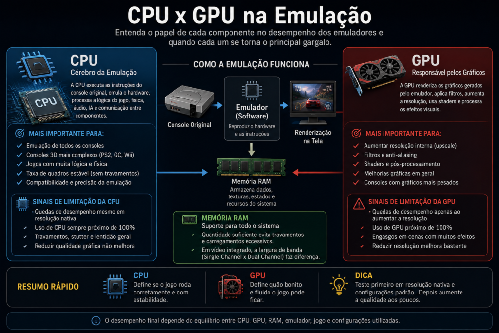 Diagrama explicando as funções de CPU, GPU e memória RAM durante a emulação