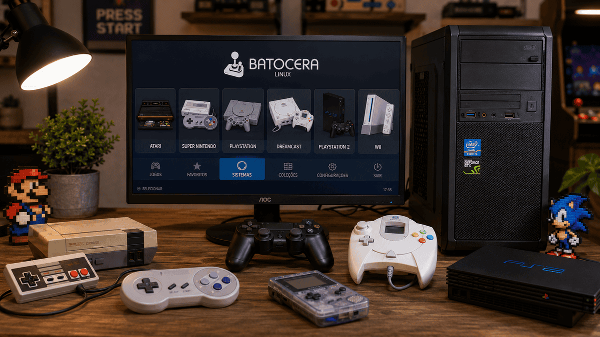 PC antigo com Batocera configurado para emular diferentes gerações de consoles