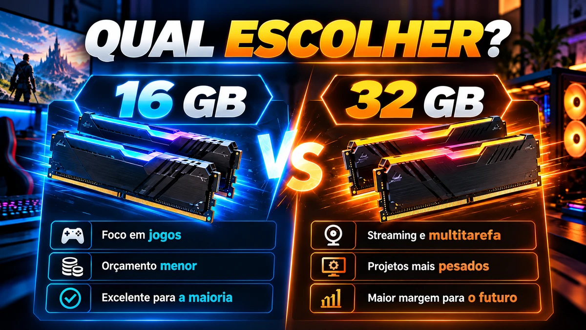 Comparação entre 16 GB e 32 GB de RAM para escolher conforme jogos multitarefa e orçamento