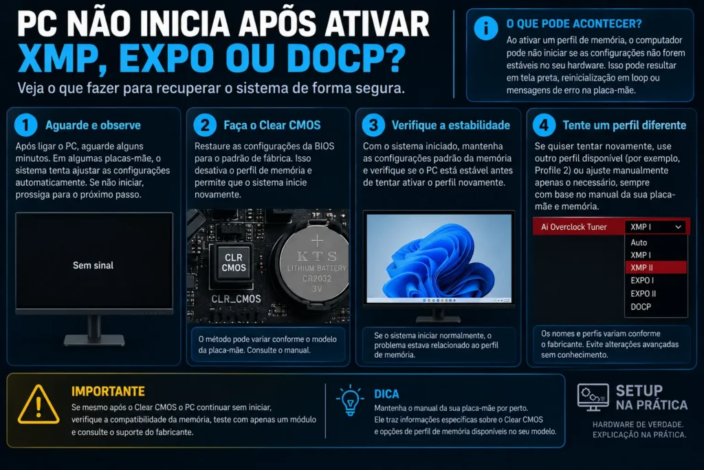 O que fazer se o PC não iniciar após ativar XMP, EXPO ou DOCP