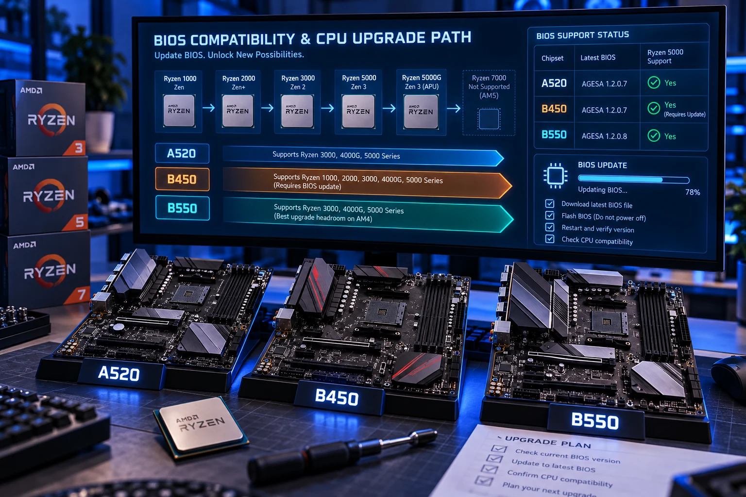 Compatibilidade de BIOS e caminho de upgrade em A520, B450 e B550