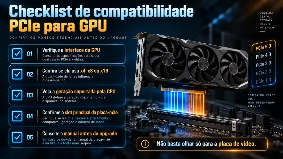 Checklist para conferir geração PCIe da GPU, processador e slot da placa-mãe