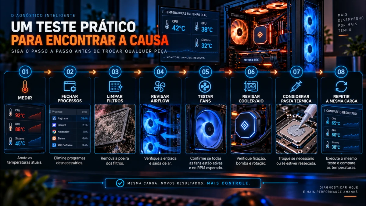 Checklist para PC esquentando muito com monitoramento, limpeza e fluxo de ar
