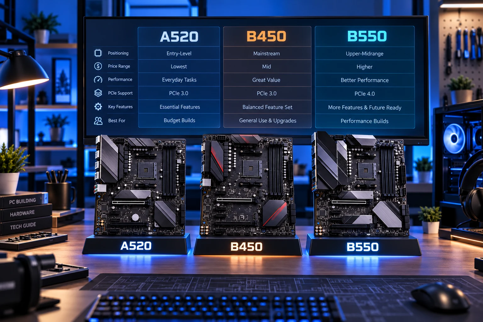A520 vs B450 vs B550 em comparação geral de recursos e desempenho