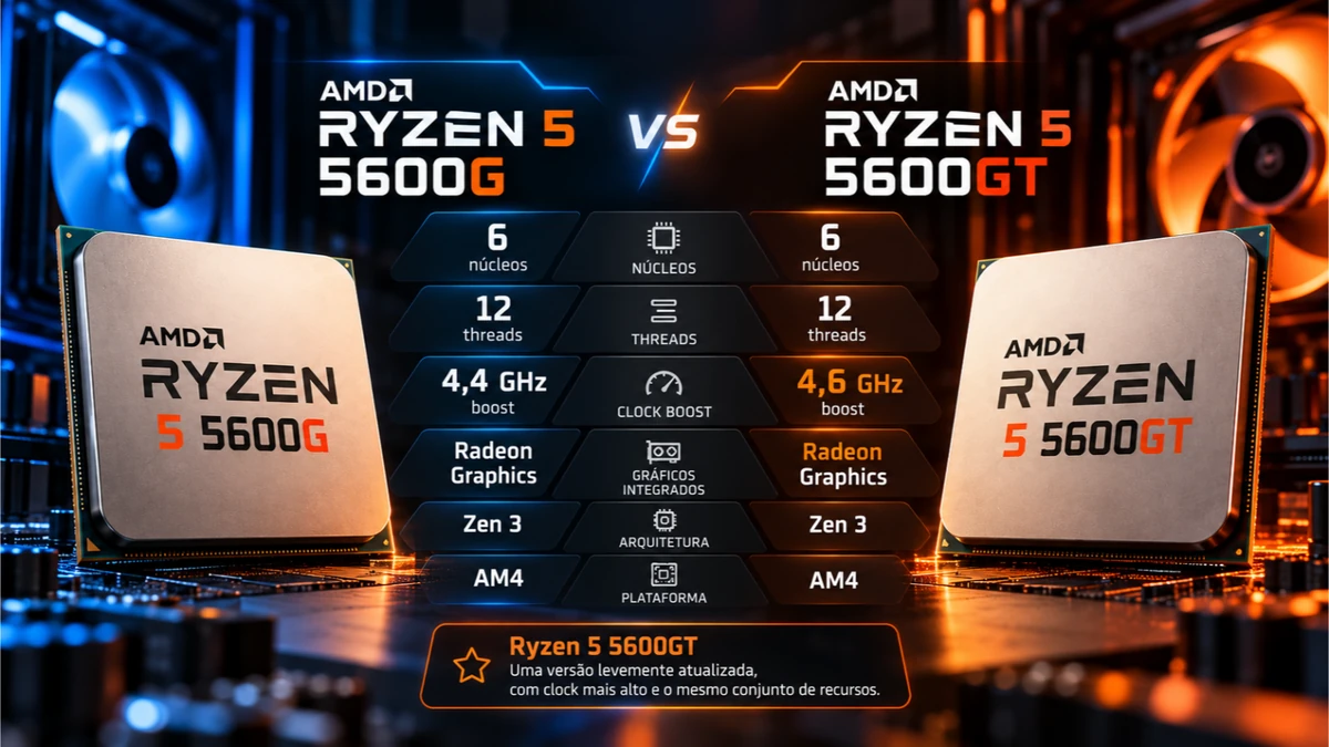 Comparativo visual do Ryzen 5 5600G e Ryzen 5 5600GT com 6 núcleos, 12 threads, Zen 3 e AM4