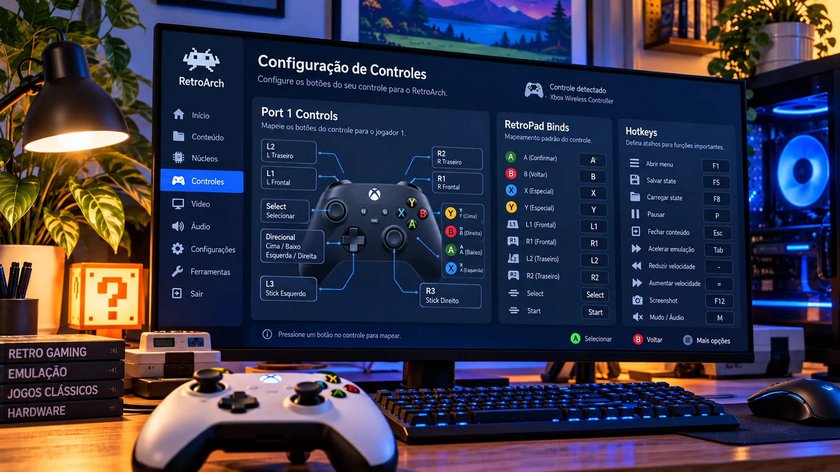 Tela de configuração de controles, RetroPad Binds e hotkeys no RetroArch