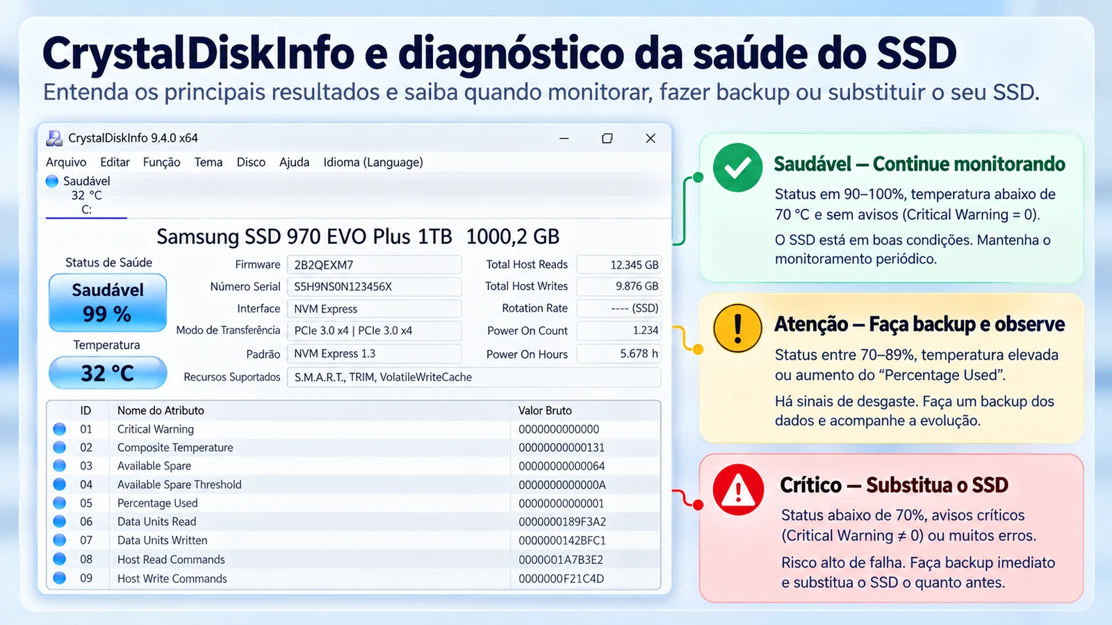 CrystalDiskInfo com diagnóstico de saúde do SSD e orientações de monitoramento, backup e substituição