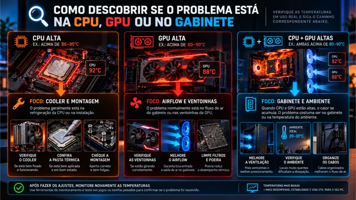 Fluxograma de diagnóstico para PC esquentando muito identificando CPU, GPU ou airflow
