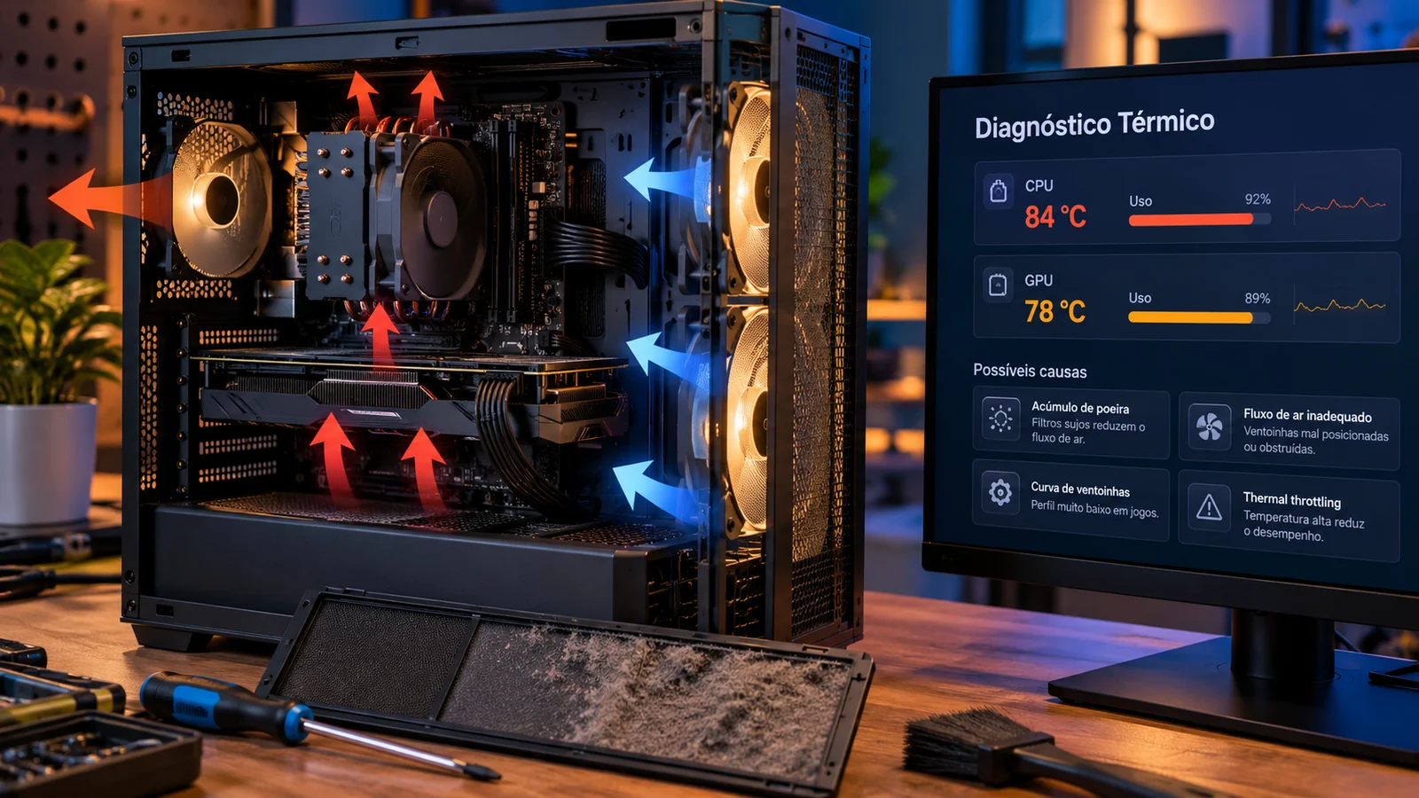 Diagnóstico térmico mostrando fluxo de ar, poeira, temperaturas altas e causas de thermal throttling