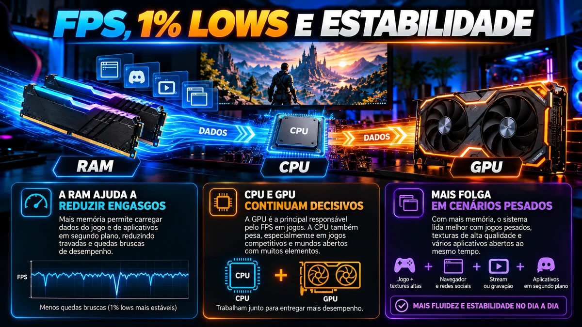RAM CPU e GPU relacionadas a FPS 1% lows estabilidade e fluidez em jogos