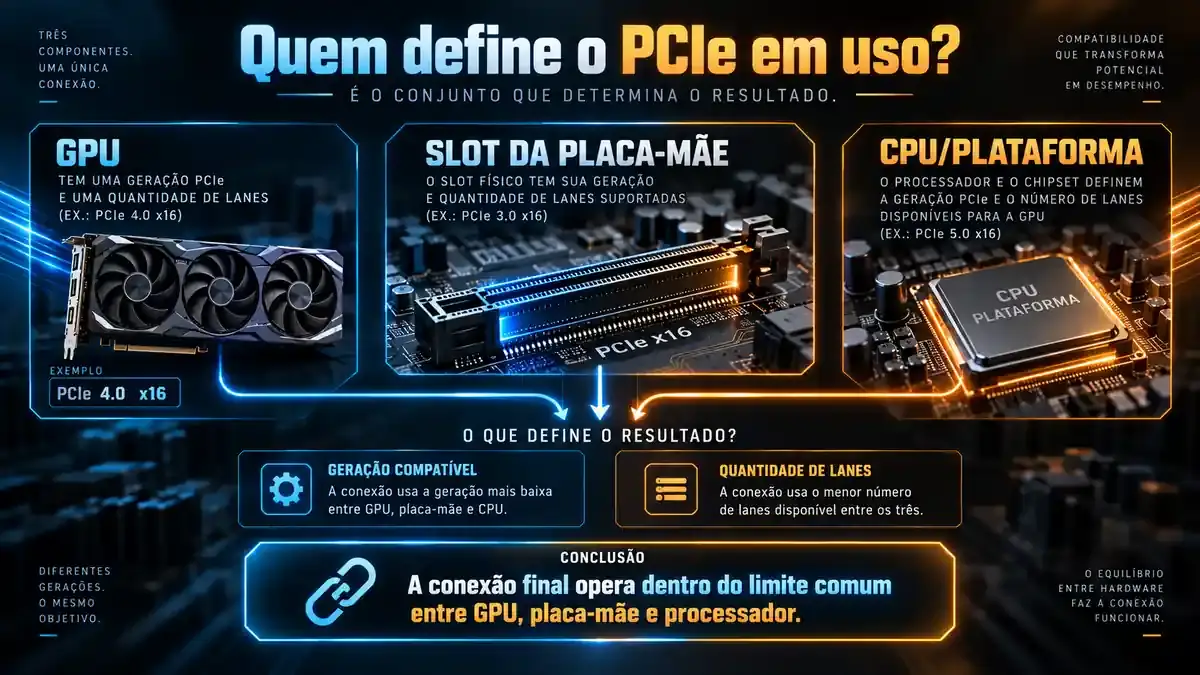 Diagrama mostrando GPU, processador e placa-mãe determinando a geração e as lanes do PCIe