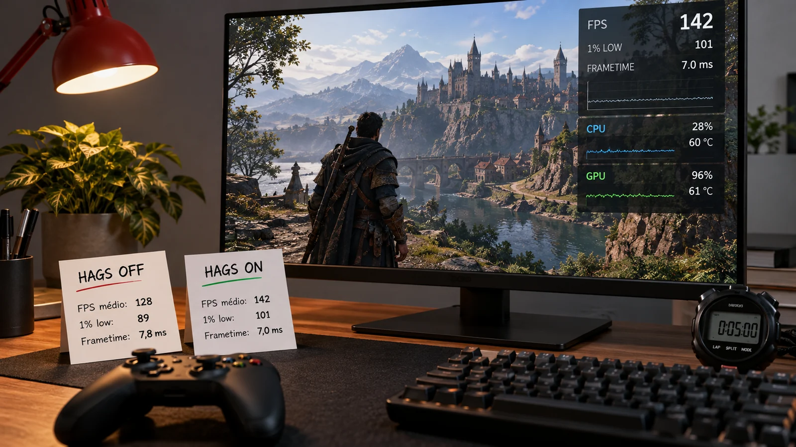 Benchmark comparando HAGS ativado e desativado com FPS, 1% low e frametime
