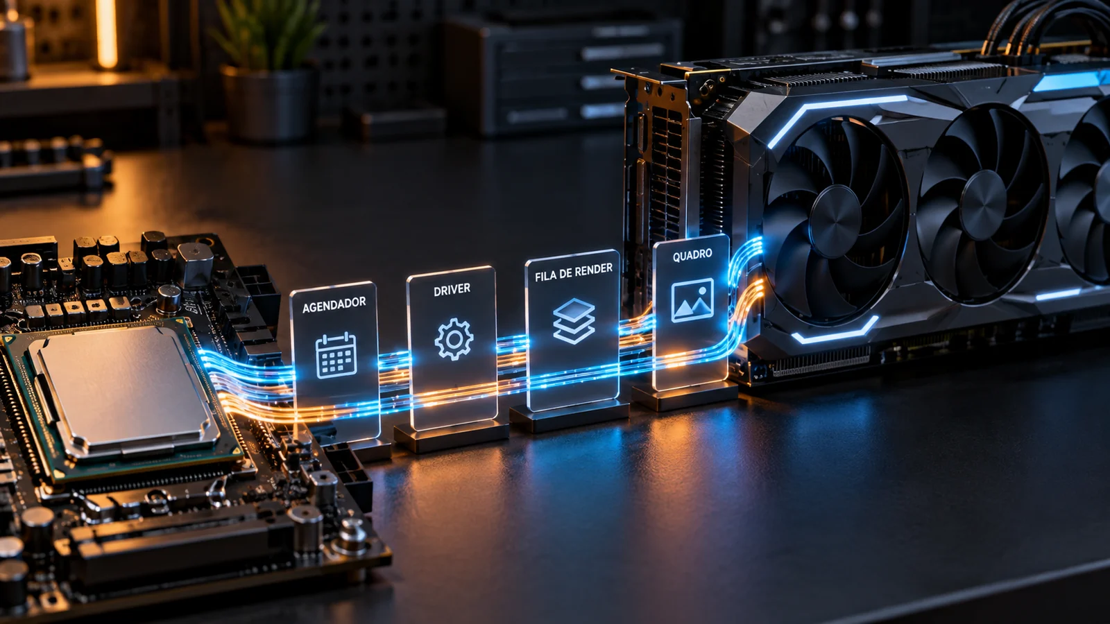 Visualização do fluxo de trabalho entre CPU, driver, fila de renderização e GPU com HAGS