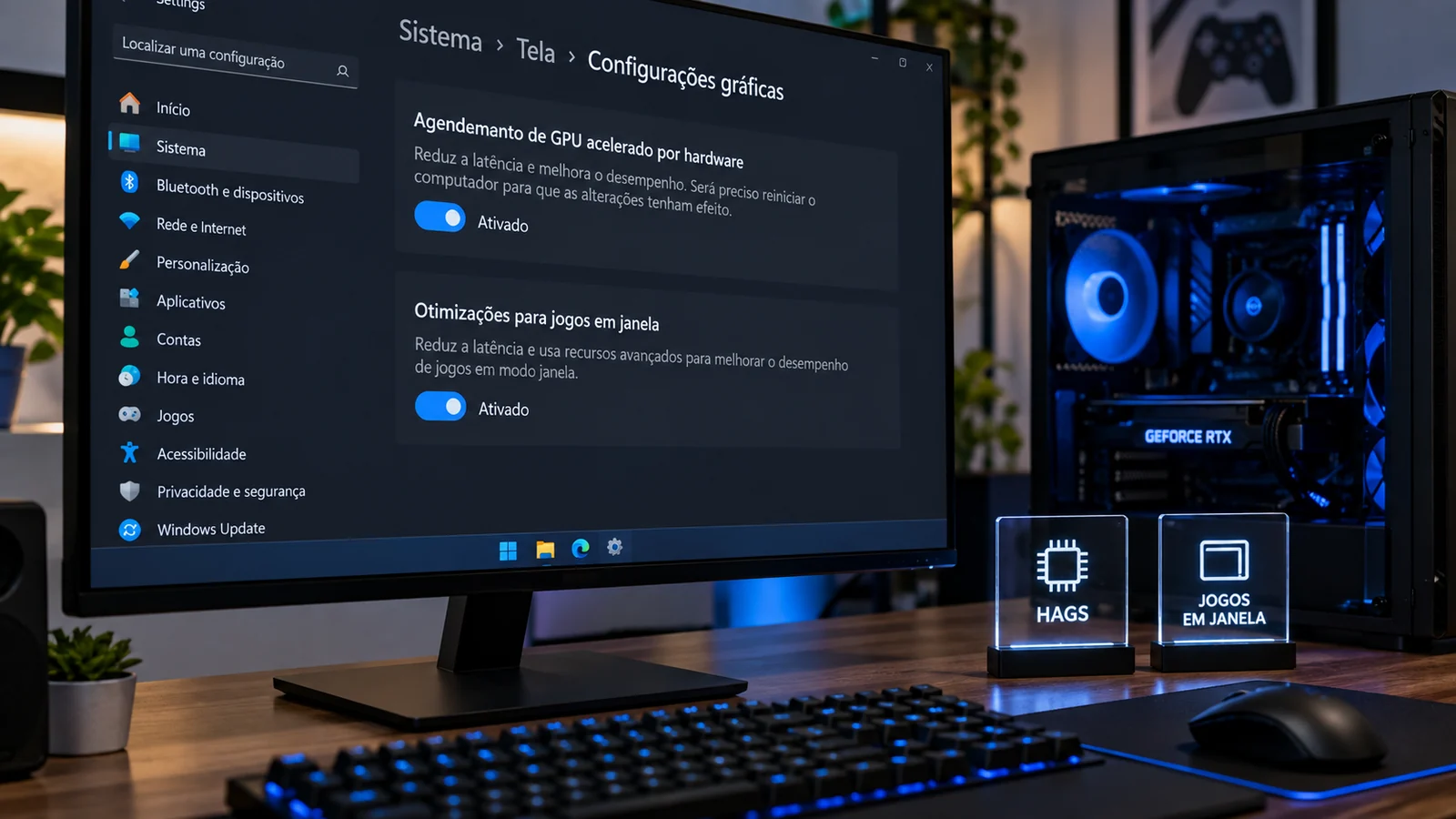 Configurações do Windows 11 mostrando HAGS e otimizações para jogos em janela