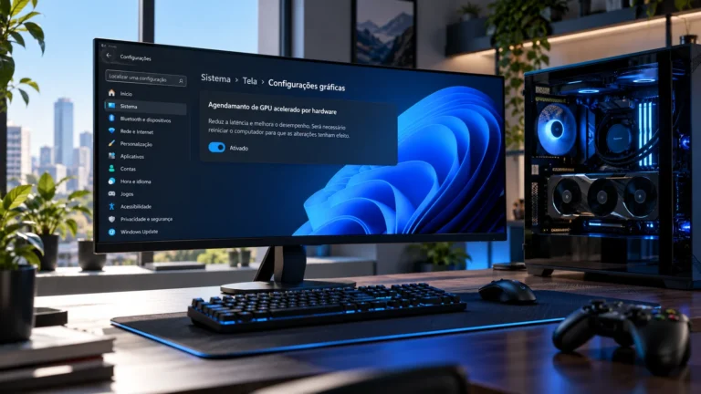 PC gamer com Windows 11 exibindo o agendamento de GPU acelerado por hardware ativado