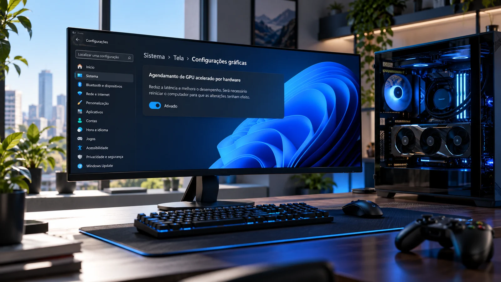 PC gamer com Windows 11 exibindo o agendamento de GPU acelerado por hardware ativado
