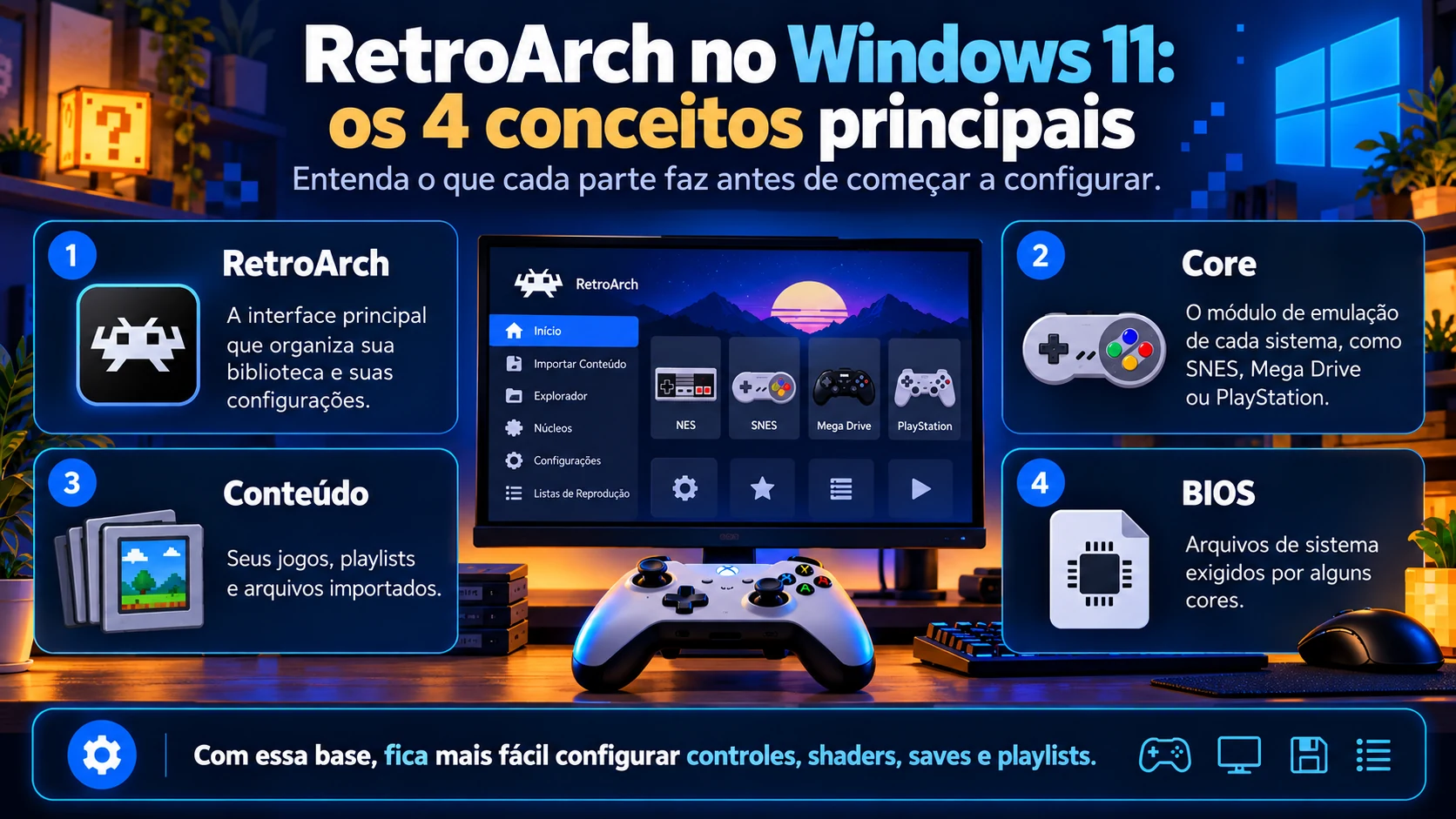 Como configurar o RetroArch no Windows 11: interface, core, conteúdo e BIOS