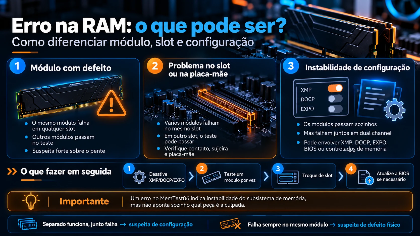 Infográfico para diferenciar defeito no módulo, problema no slot e instabilidade de configuração da memória RAM
