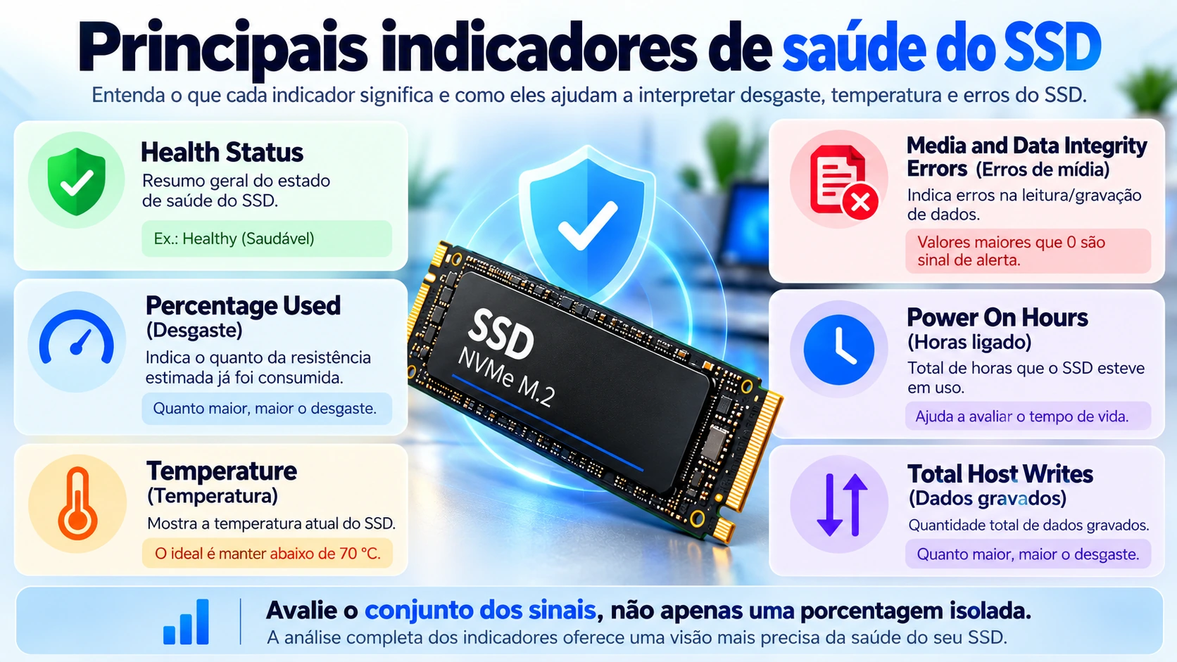 Infográfico com os principais indicadores de saúde do SSD, incluindo Health Status, Percentage Used, temperatura, erros de mídia, horas ligadas e dados gravados
