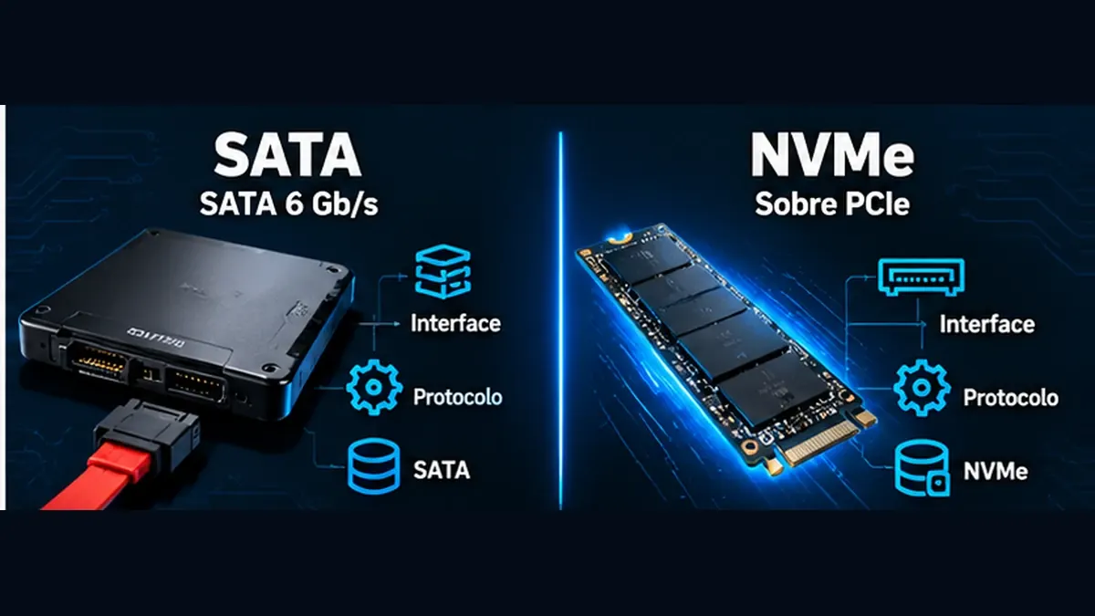 SSD NVMe vs SSD SATA mostrando diferenças de interface e protocolo