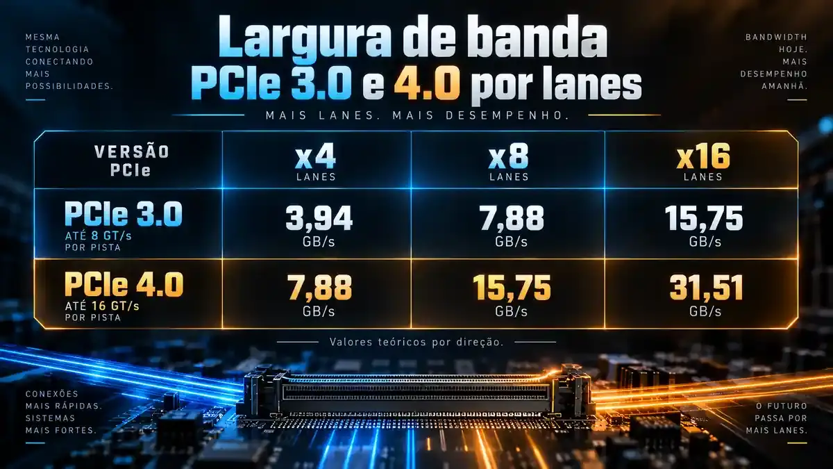 Comparação da largura de banda teórica de PCIe 3.0 e PCIe 4.0 em x4, x8 e x16