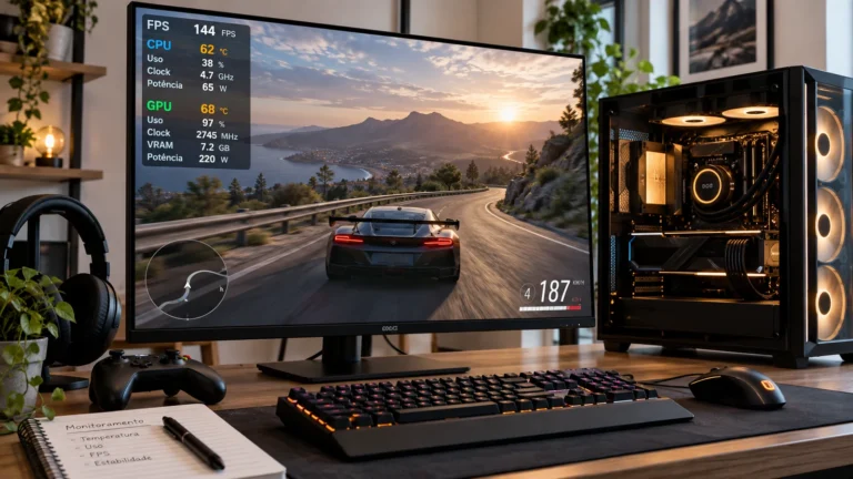 Setup gamer com overlay exibindo temperaturas, uso, clocks e FPS durante um jogo