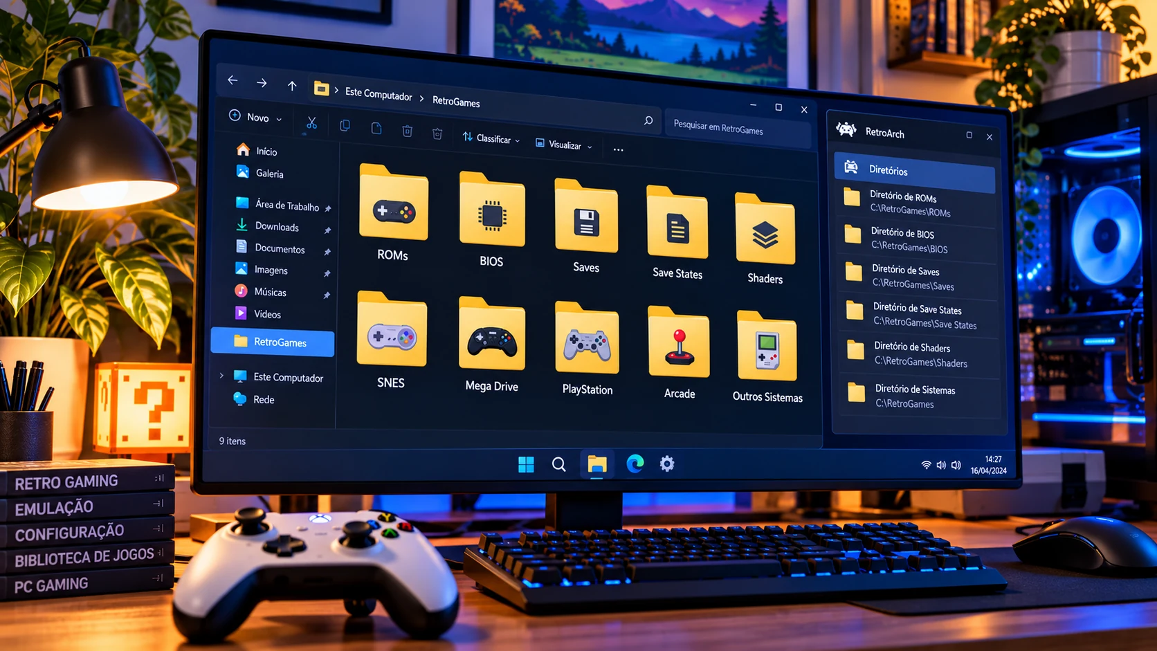 Organização de pastas para ROMs, BIOS, saves, save states e shaders no Windows 11