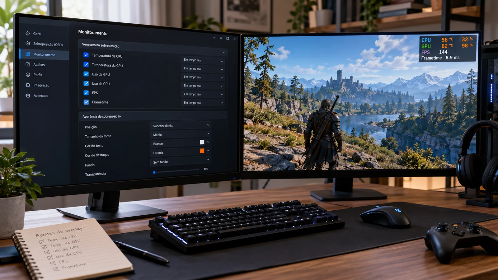 Configuração de overlay para mostrar temperatura da CPU, GPU, FPS e frametime durante jogos