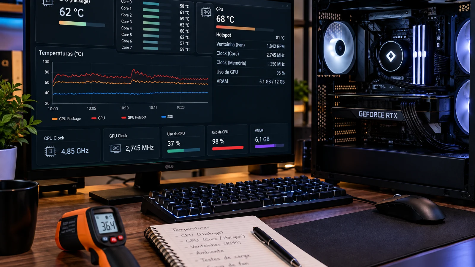 Painel de sensores mostrando temperaturas, clocks, uso e VRAM da CPU e da GPU