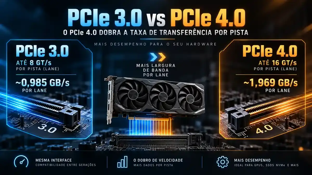 Ilustração comparando a taxa por lane do PCIe 3.0 e do PCIe 4.0