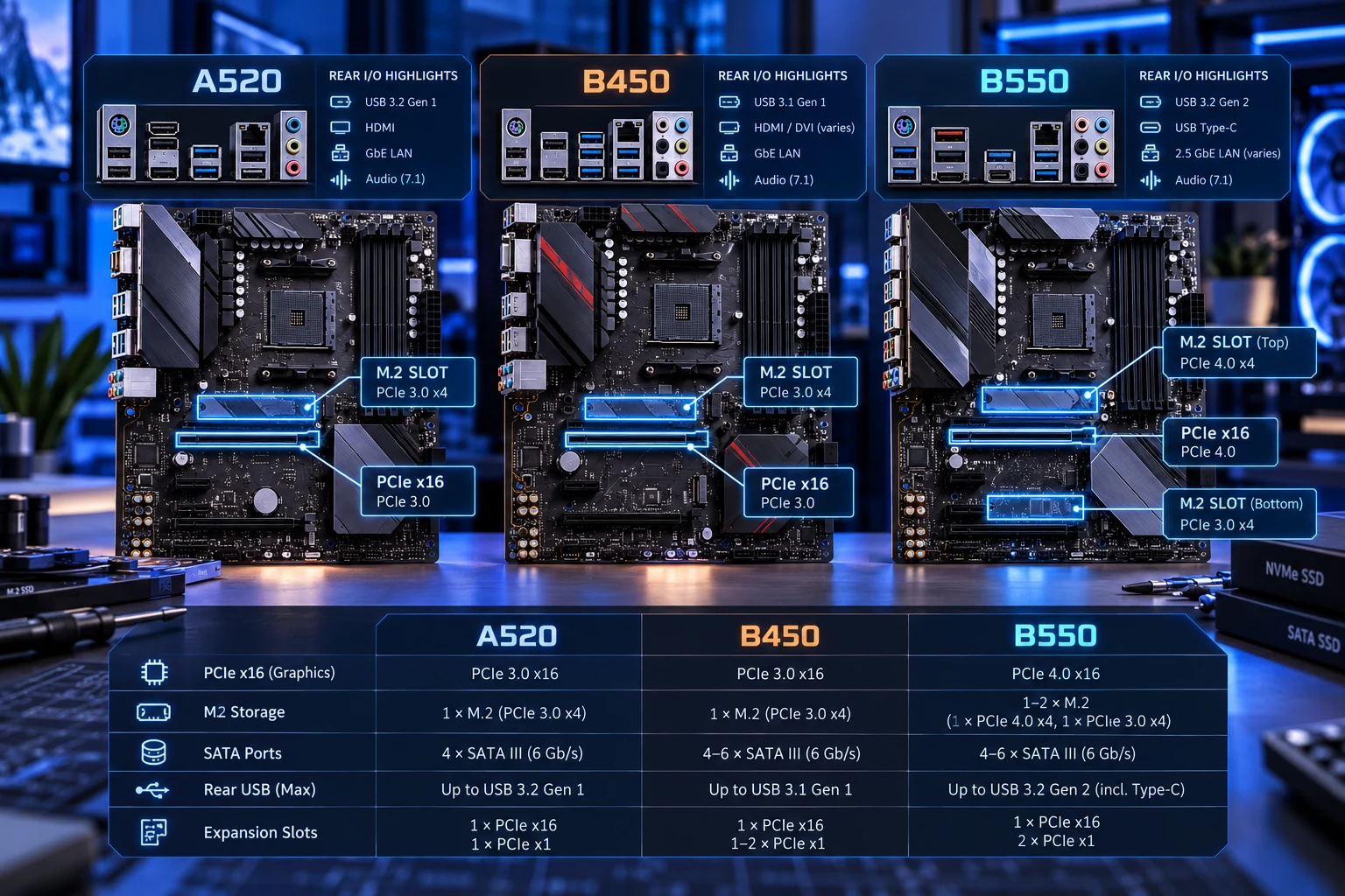 PCIe, M.2 e conectividade em placas-mãe A520, B450 e B550
