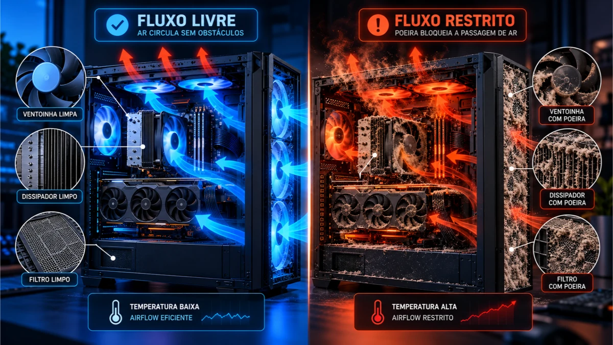 Poeira acumulada em filtro, ventoinha e dissipador restringindo o fluxo de ar do PC