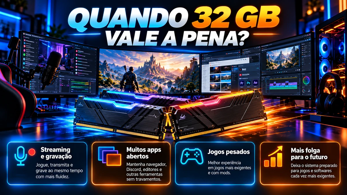 Quando 32 GB de RAM valem a pena para streaming multitarefa jogos pesados e uso futuro