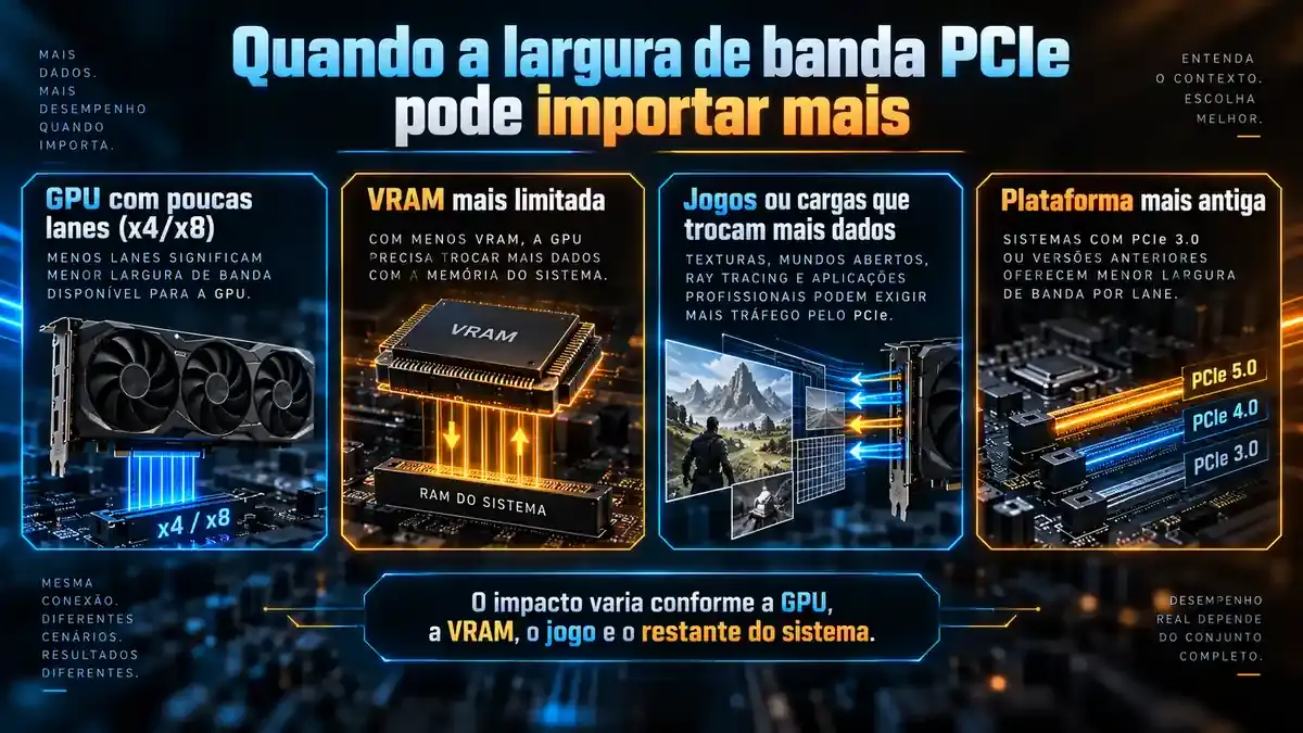 Diagrama mostrando cenários em que menor largura de banda PCIe pode afetar mais uma placa de vídeo