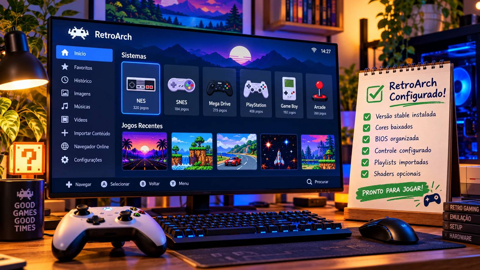 Setup com RetroArch configurado, cores, BIOS, controles, playlists e shaders prontos para jogar
